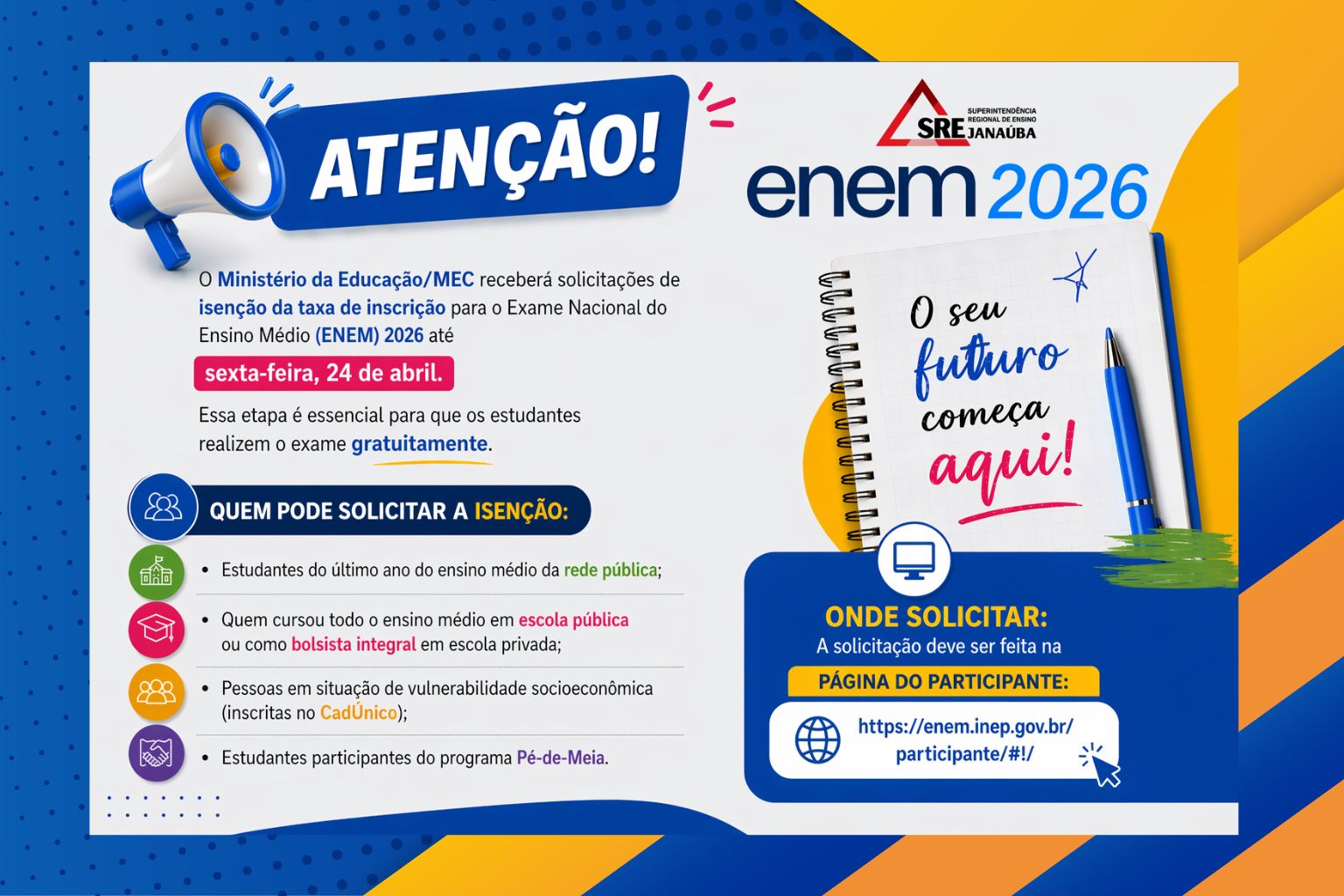 ENEM 2026 – isenção da taxa de inscrição